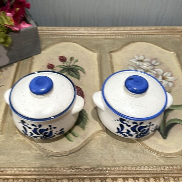 Vintage Set of Two Floral Motif Speckled Stoneware Soup Bowls with Lids Japan - Picture 6 of 16